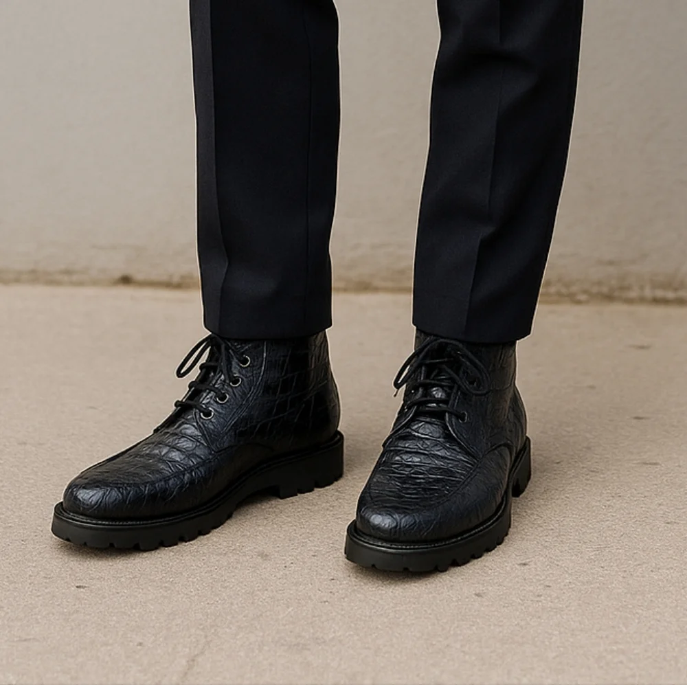 Los Altos Genuine Navy Blue Caiman Belly Ankle Boot